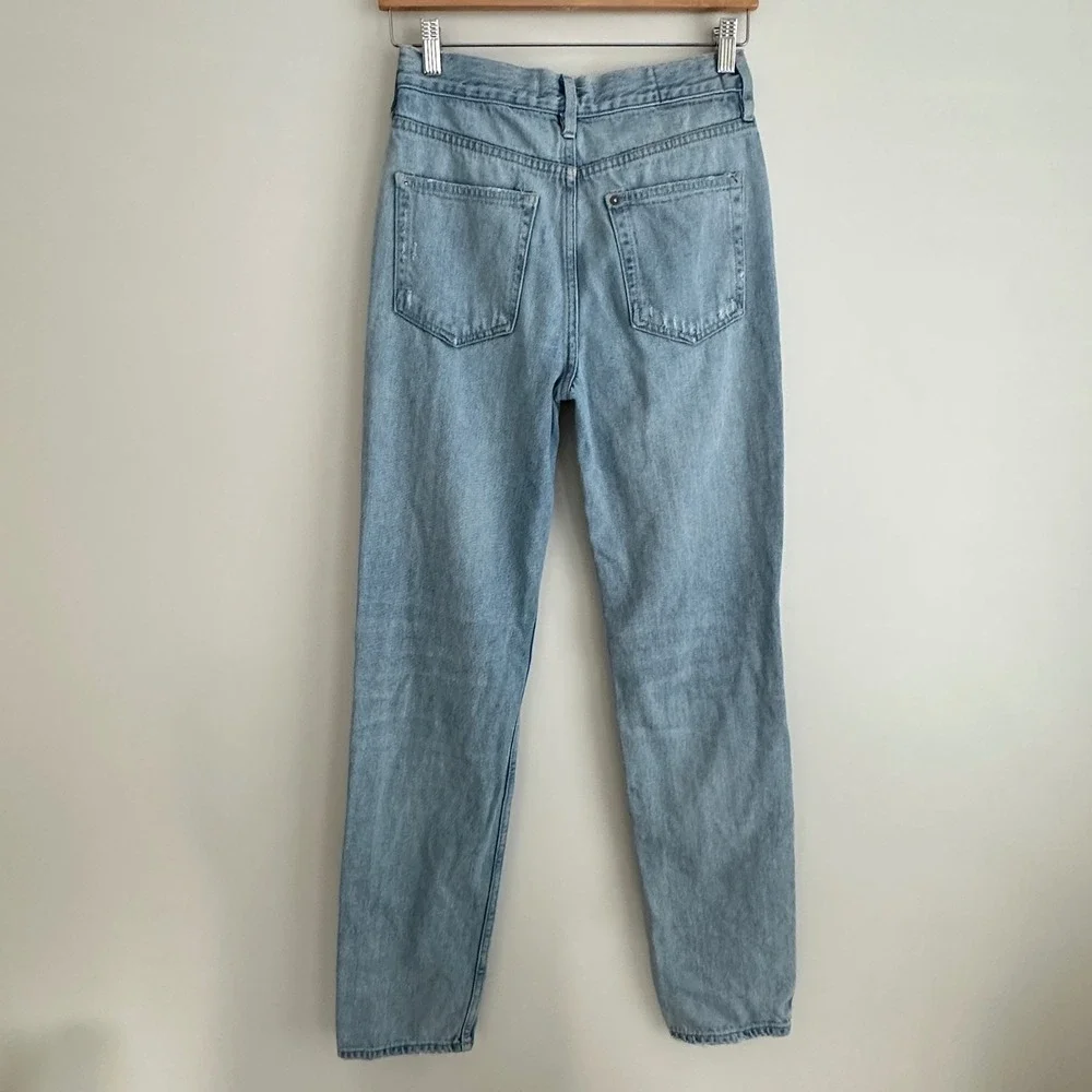 Free People High Rise Straight‎ Jeans 25 Light Wash Distressed Ripped Button Fly